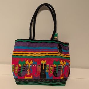 Laurel Burch Cat Tote Bag Extra Large ~ Cats Stripes Charms ~ 21 x 14 x 8 ~